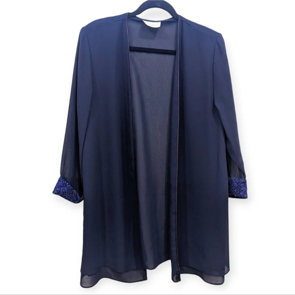Vintage Traditions Sheer Navy Blazer Cardigan Sequin Sleeve Detail Woman Large - Picture 1 of 7